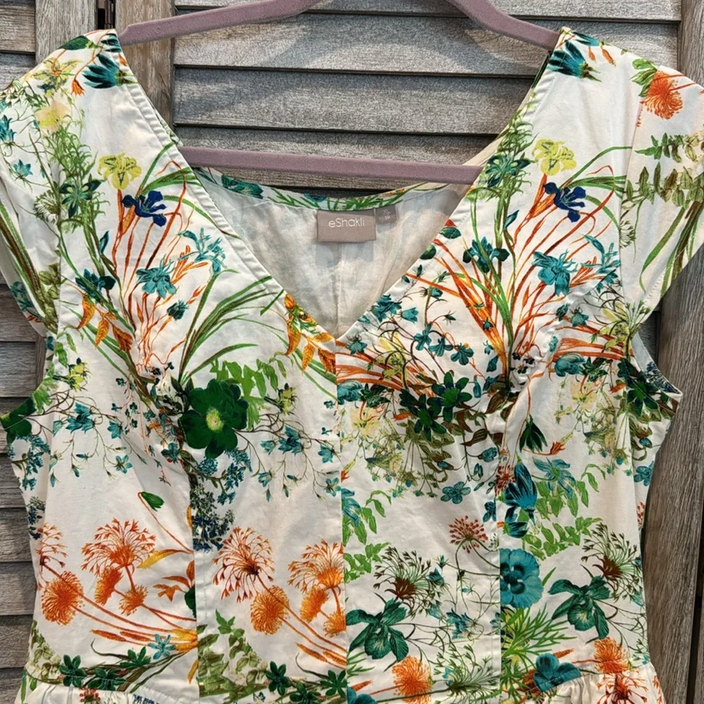 eshakti Cream Floral Fit-and-Flare Dress with Green & Teal Accents - Picture 2 of 11